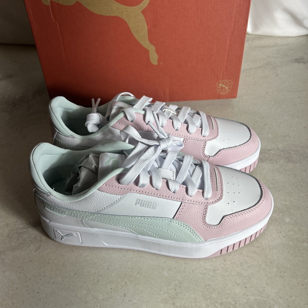 PUMA Kids Girls Carina Street Lace Up Sneakers Shoes Casual - White Pink Blue - Picture 2 of 8